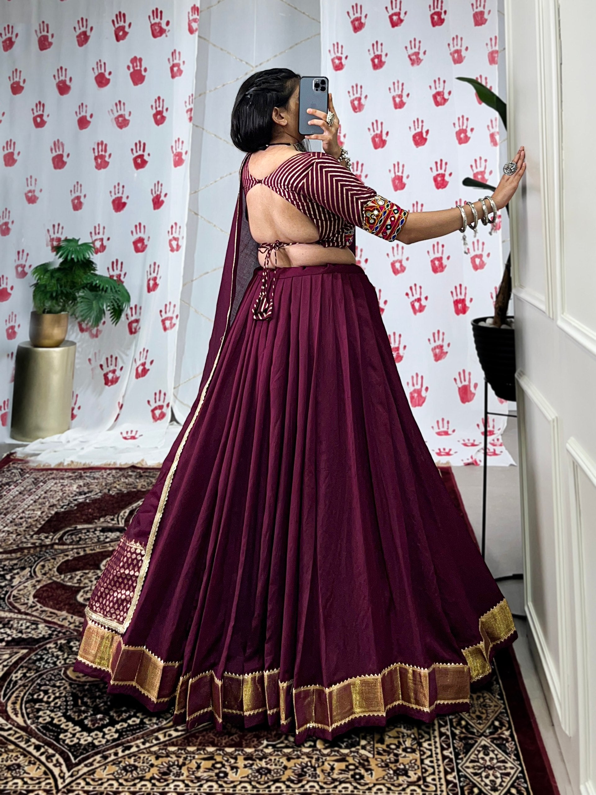 PURE CHANDERI FABRIC NAVRATRI LEHENGA WITH GAMTHI WORK BLOUSE