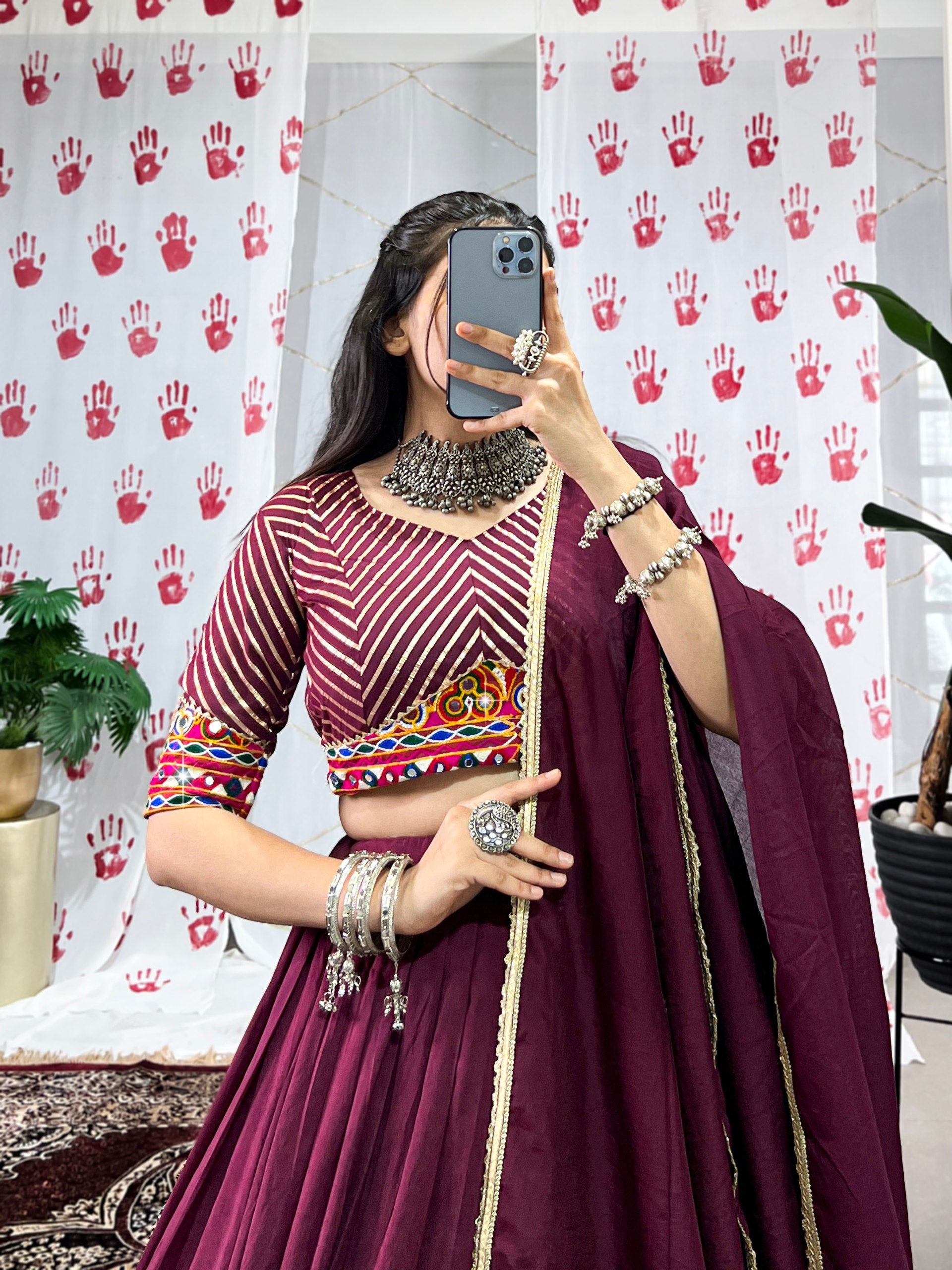 PURE CHANDERI FABRIC NAVRATRI LEHENGA WITH GAMTHI WORK BLOUSE