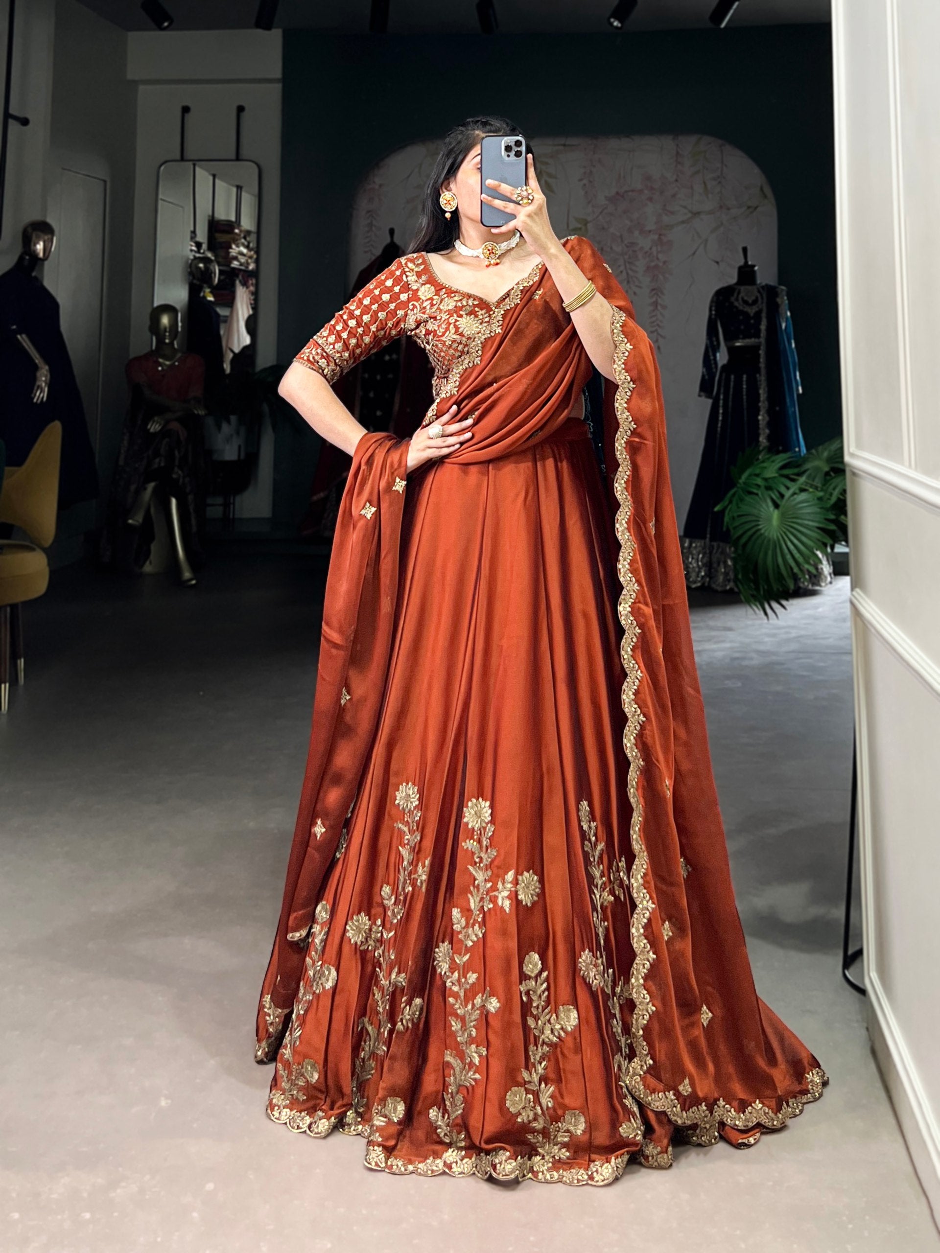 RUST ORANGE FLORAL LEHENGA