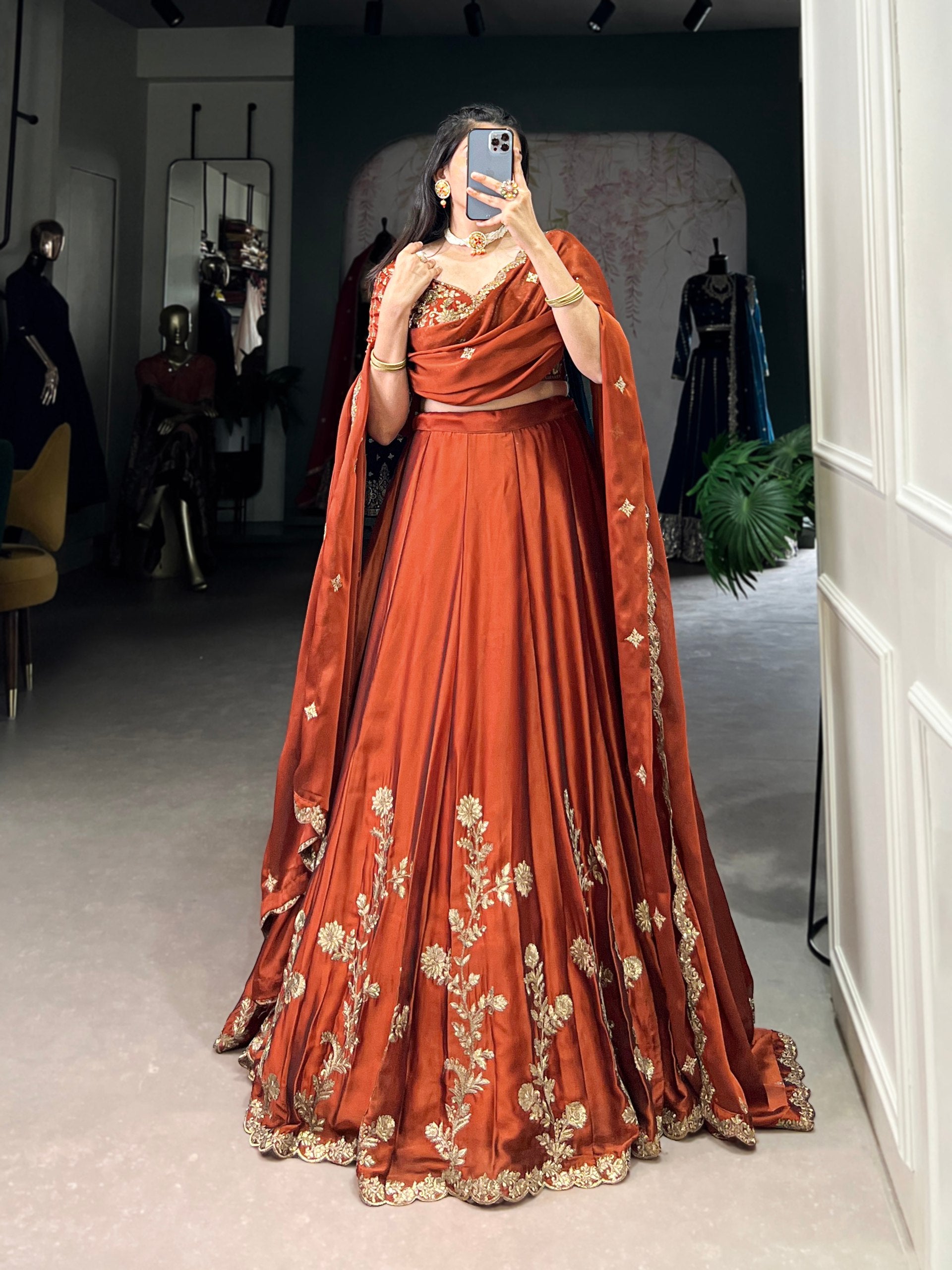 RUST ORANGE FLORAL LEHENGA