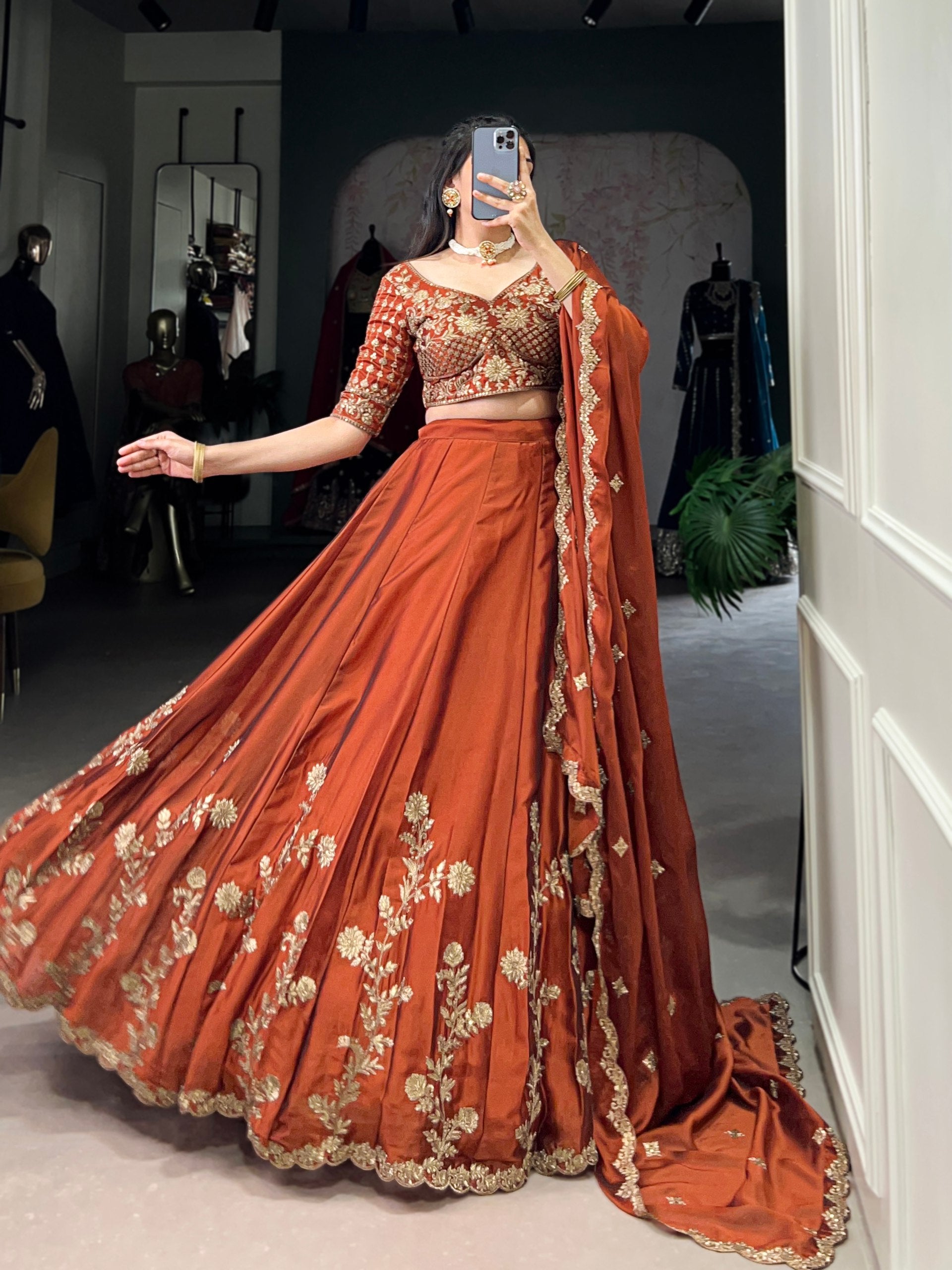 RUST ORANGE FLORAL LEHENGA