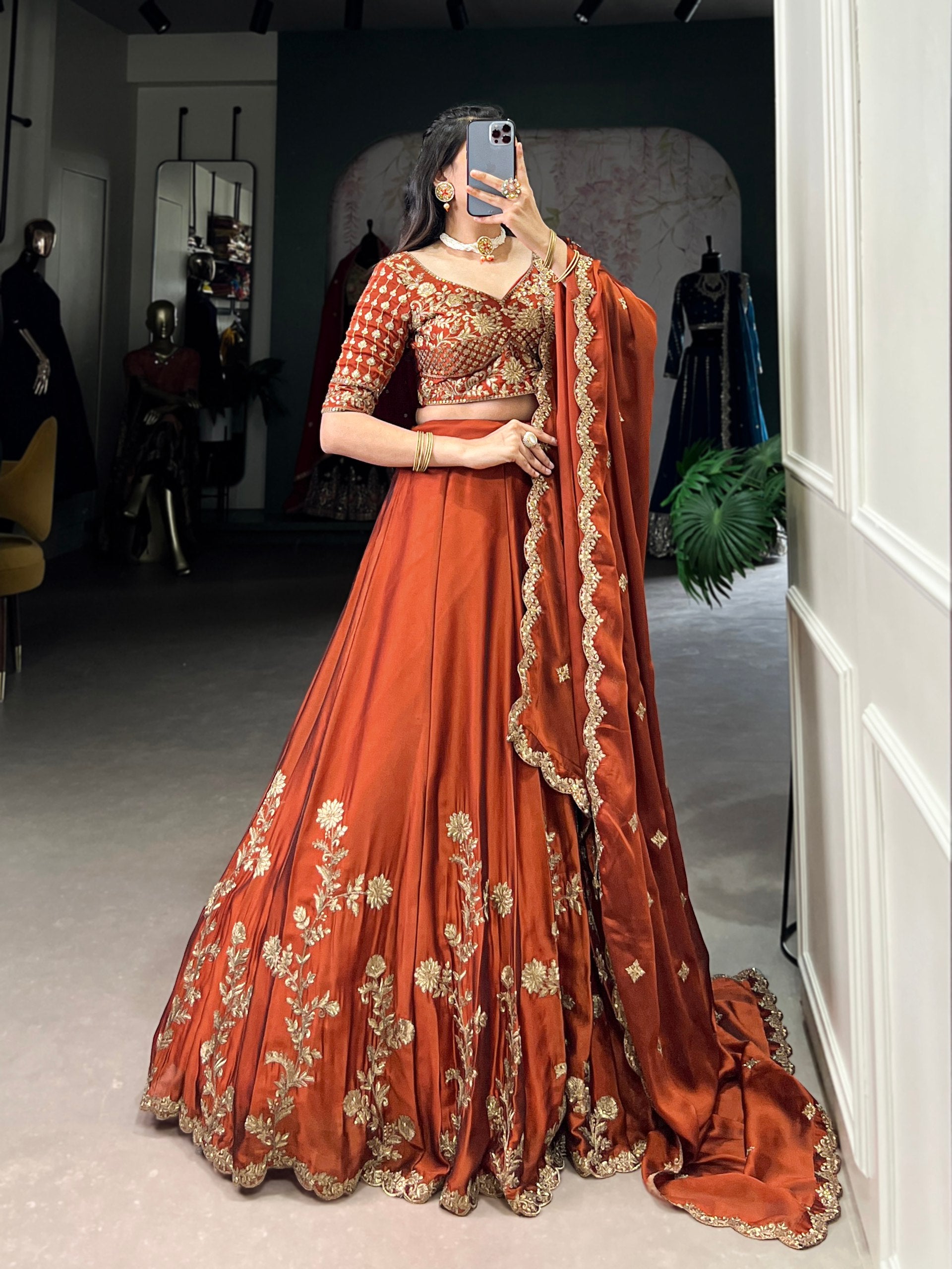 RUST ORANGE FLORAL LEHENGA