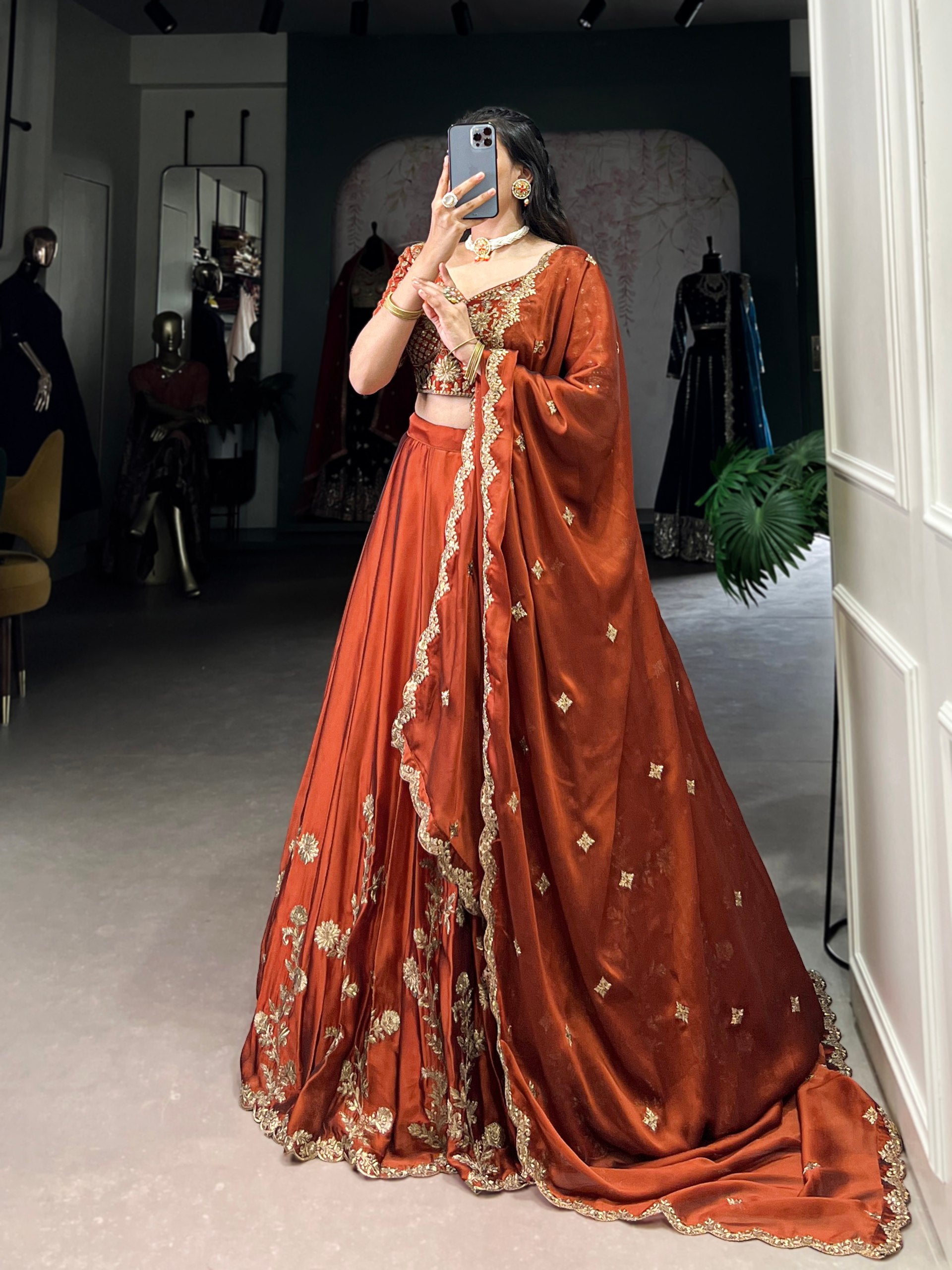 RUST ORANGE FLORAL LEHENGA