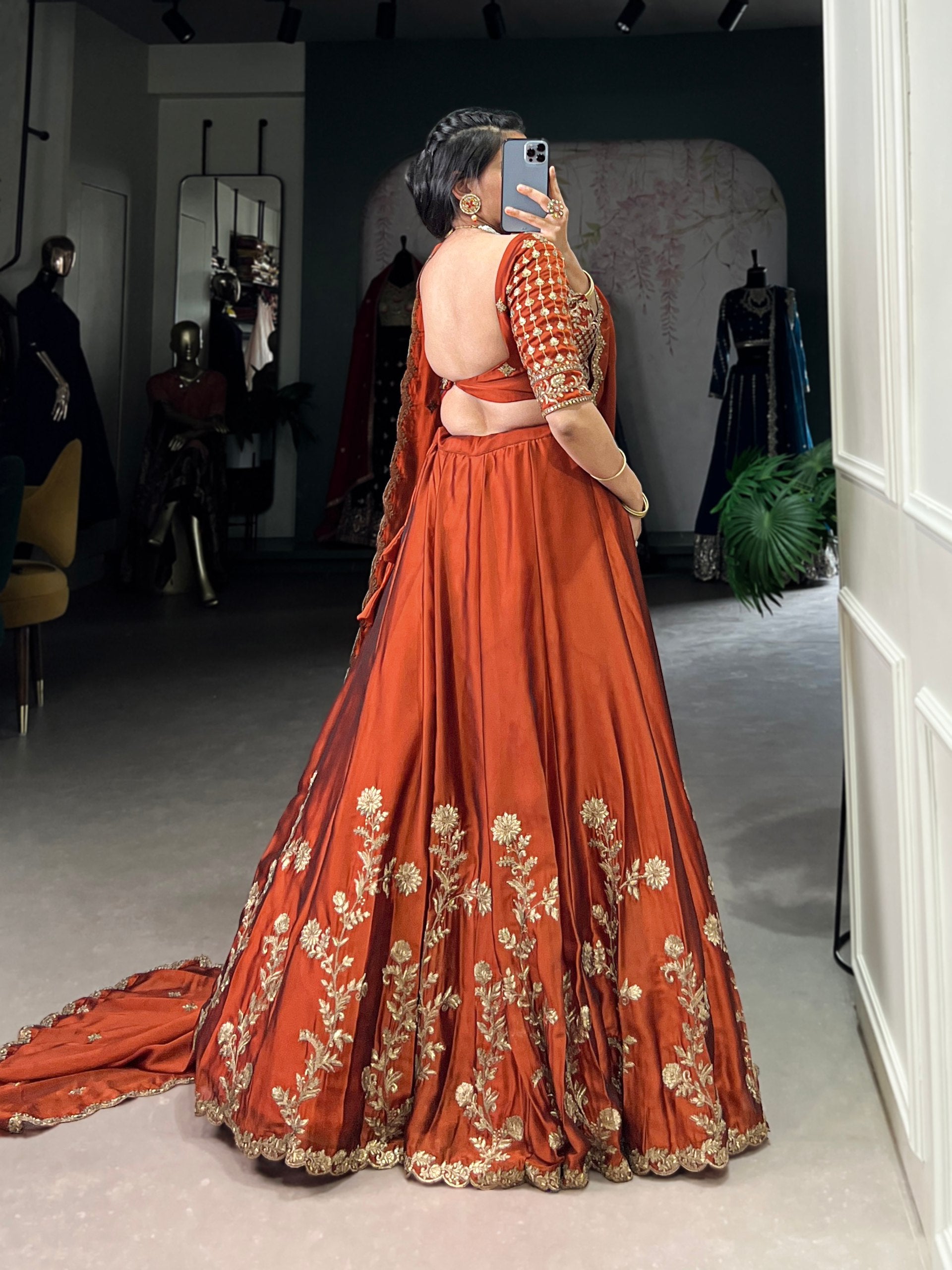 RUST ORANGE FLORAL LEHENGA