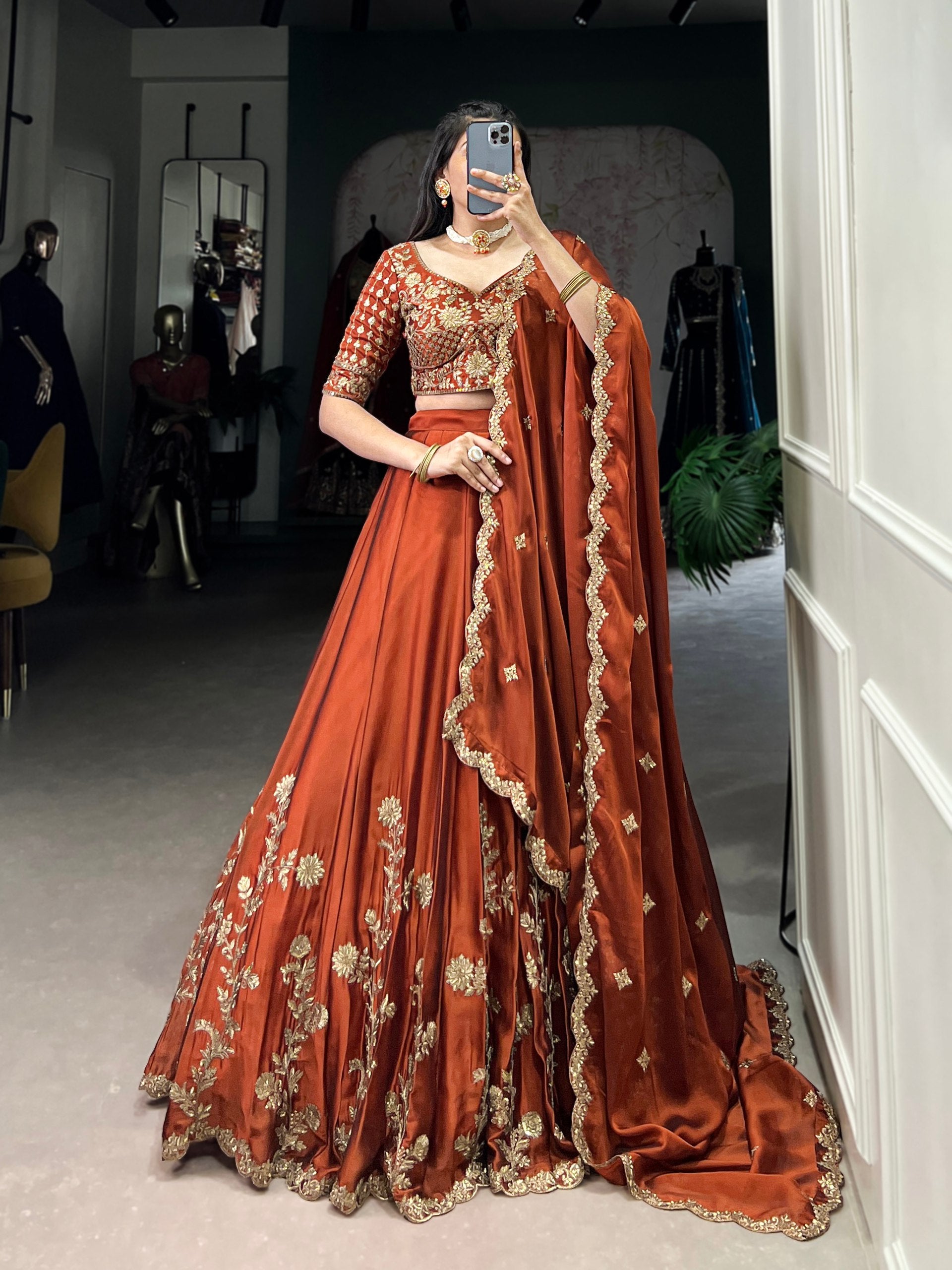 RUST ORANGE FLORAL LEHENGA