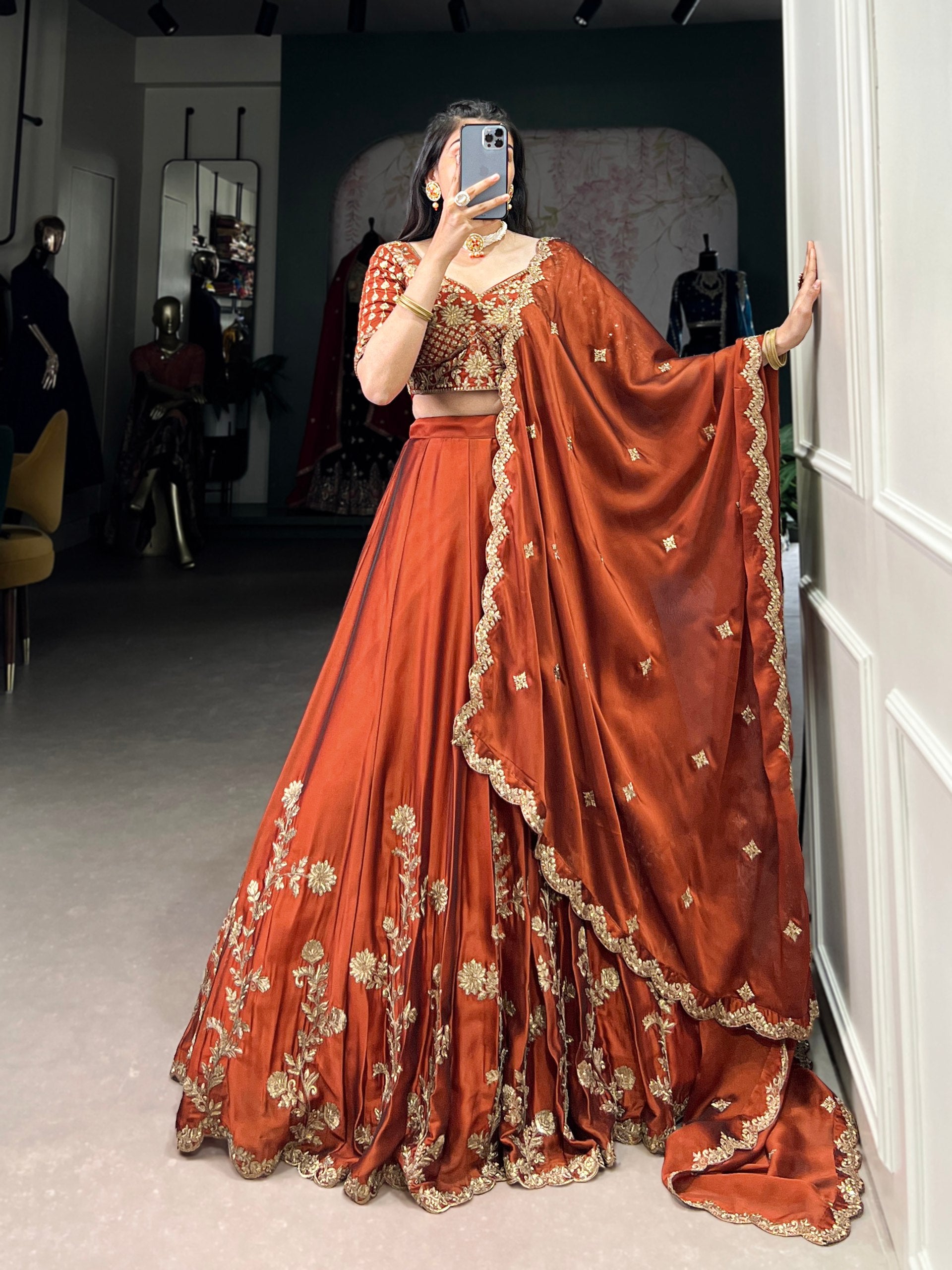 RUST ORANGE FLORAL LEHENGA