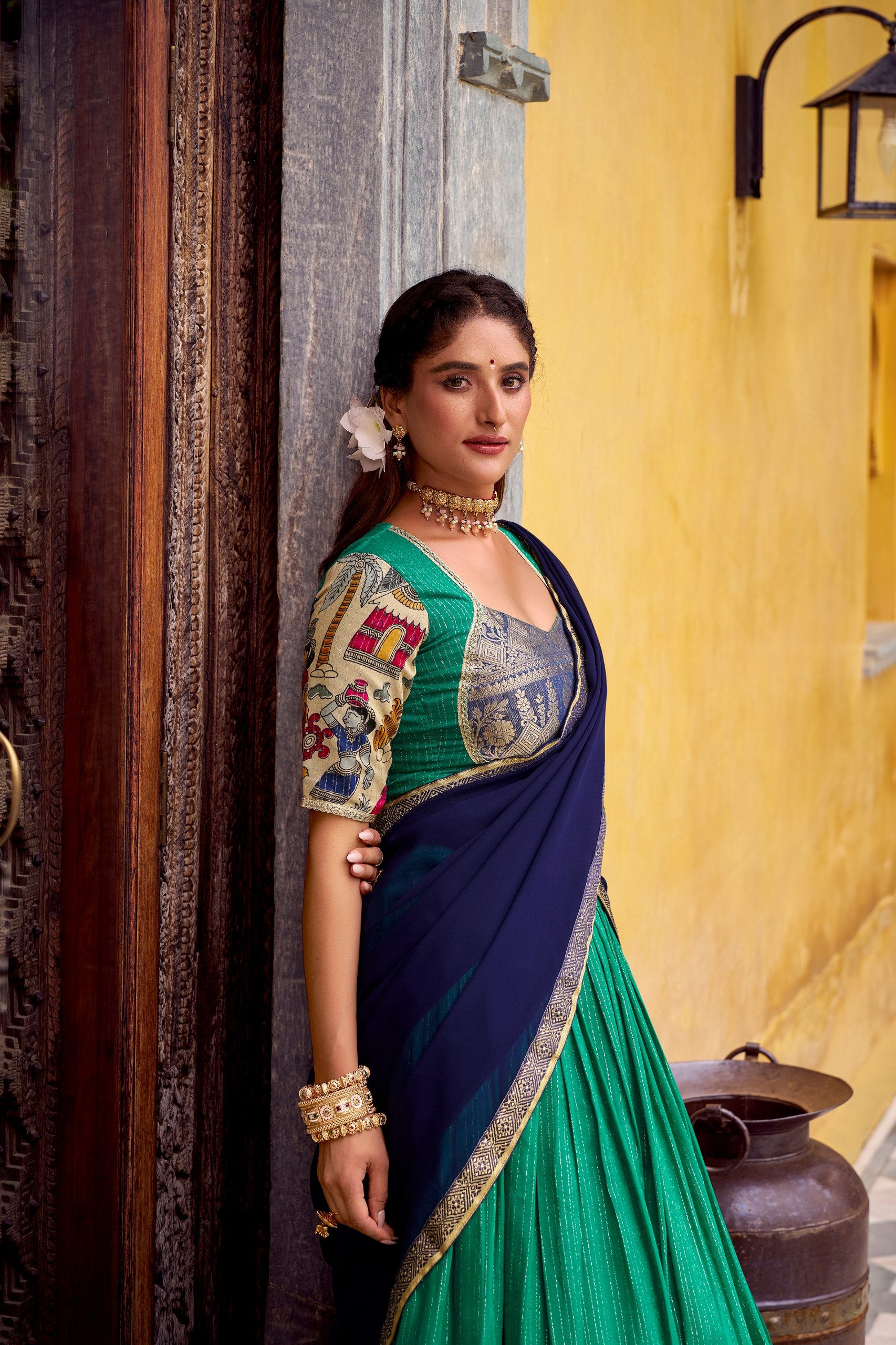 POLY CHANDERI LEHENGA WITH KALAMKARI PRINTS
