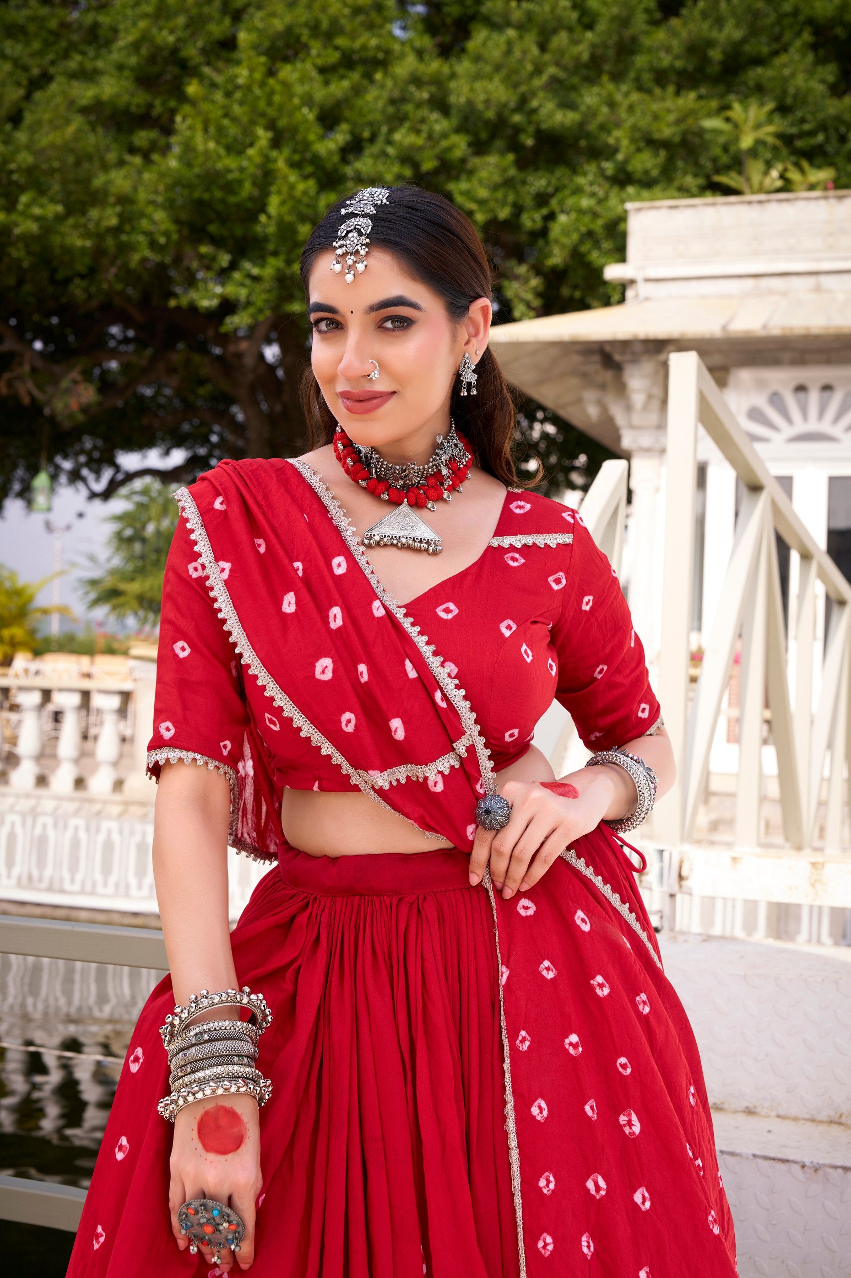 ORANGE BANDHANI PRINT PURE CHANDERI FABRIC NAVRATRI LEHENGA