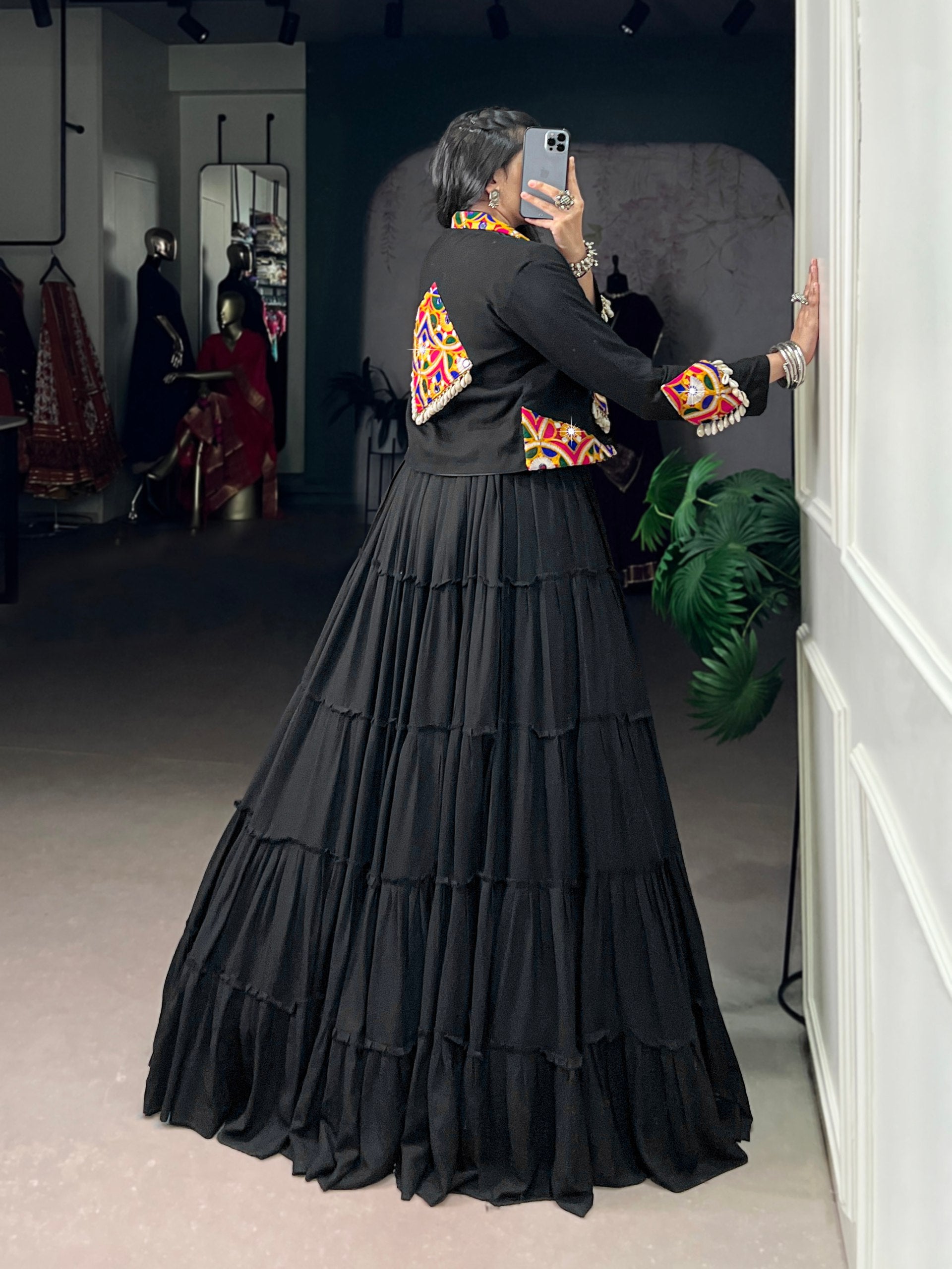 BLACK GAMTHI WORK NAVRATRI LEHENGA WITH JACKET AND BLOUSE