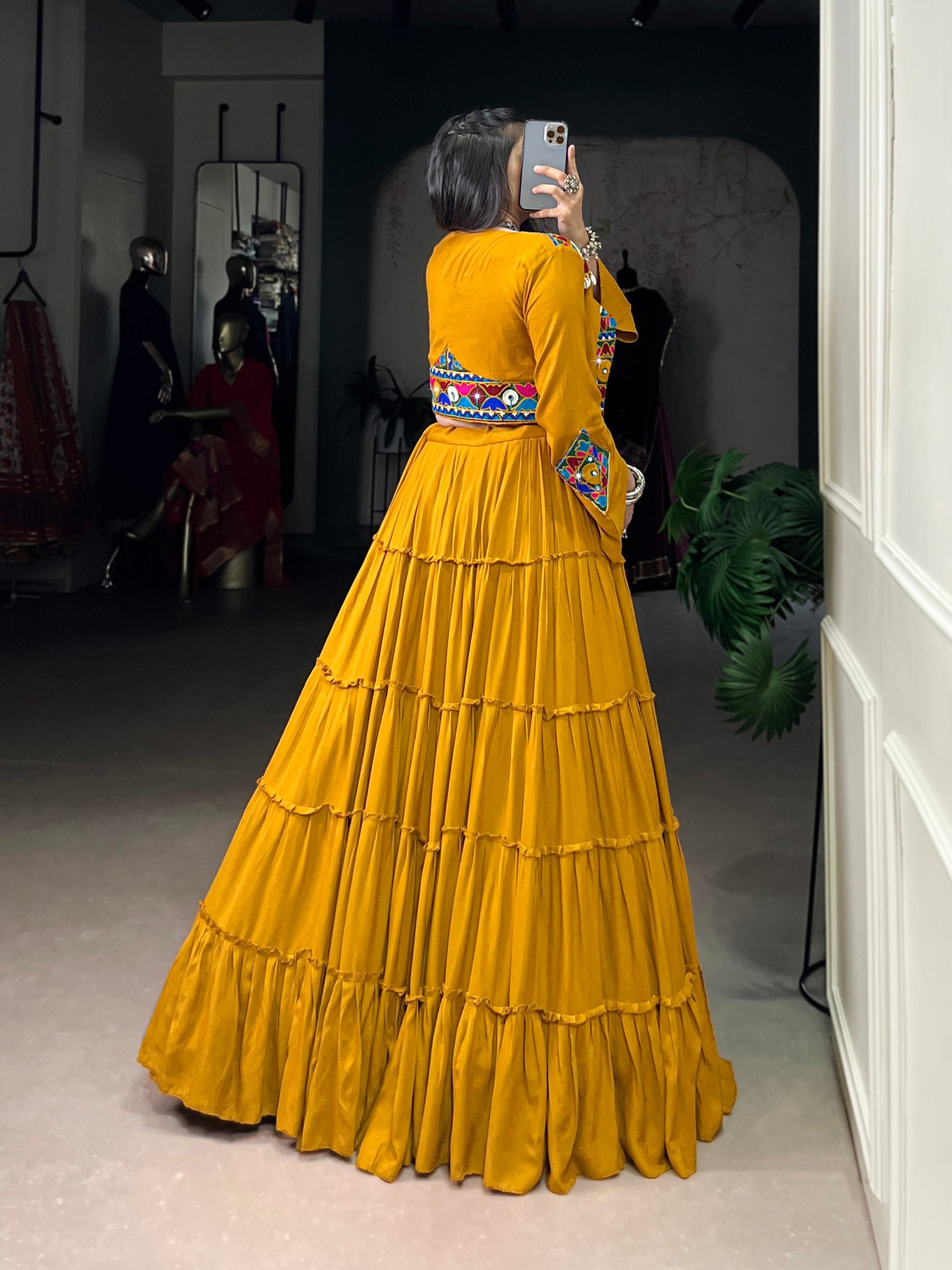 DEEP MUSTARD GAMTHI WORK NAVRATRI LEHENGA WITH JACKET AND BLOUSE