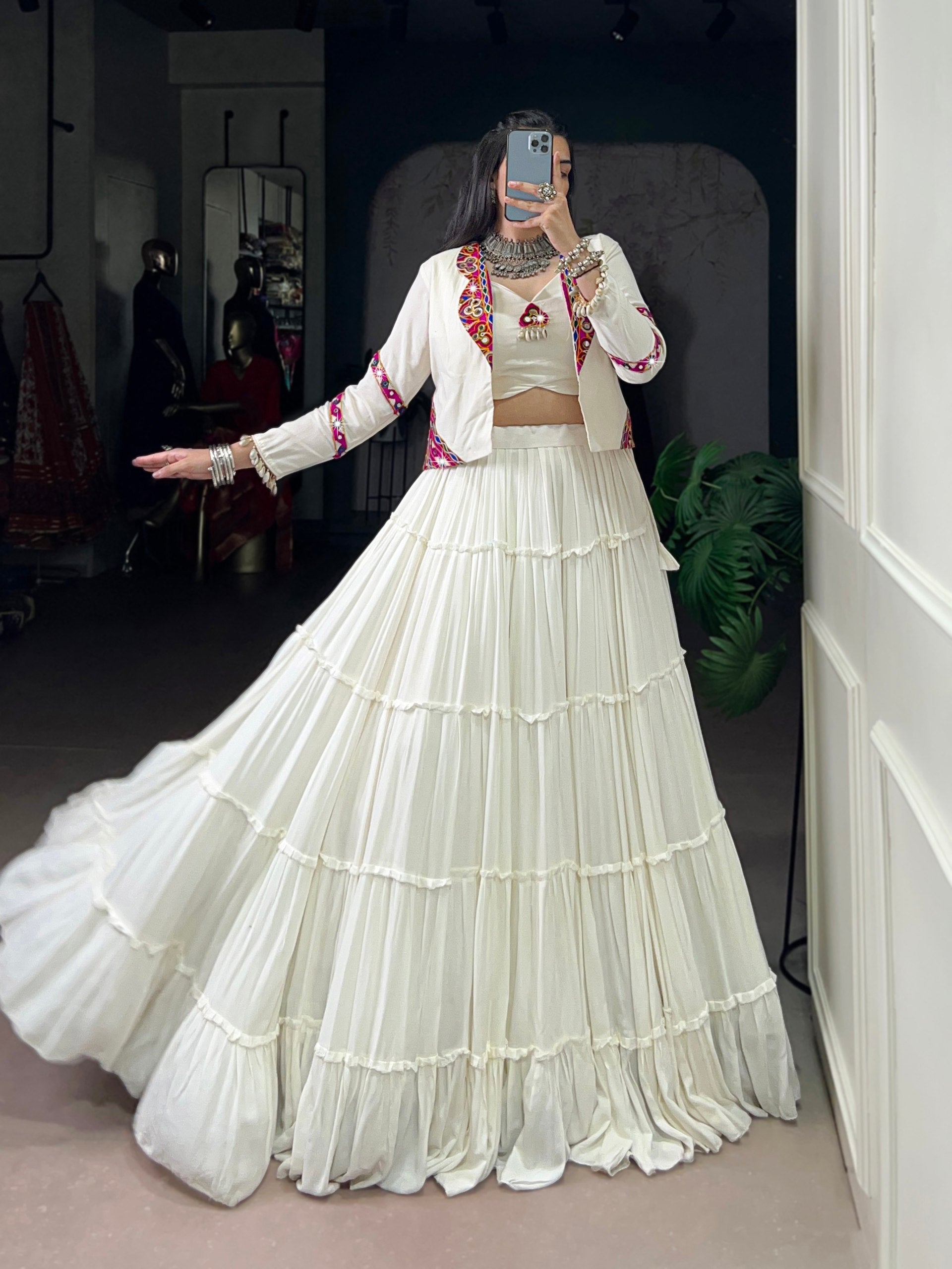 WHITE GAMTHI WORK NAVRATRI LEHENGA WITH JACKET AND BLOUSE