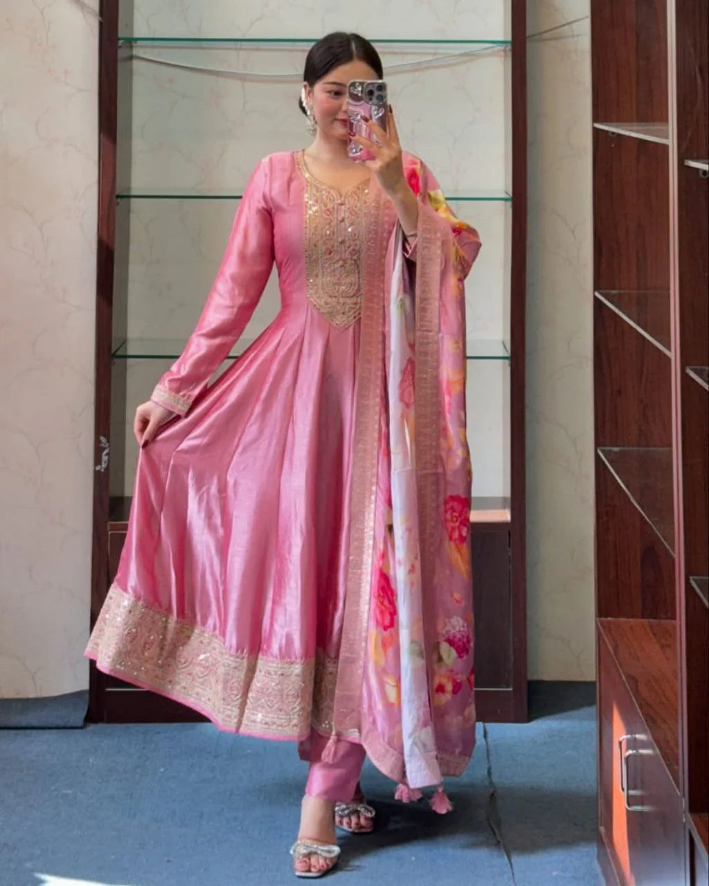 PINK ANARKALI FLARED KURTA SET
