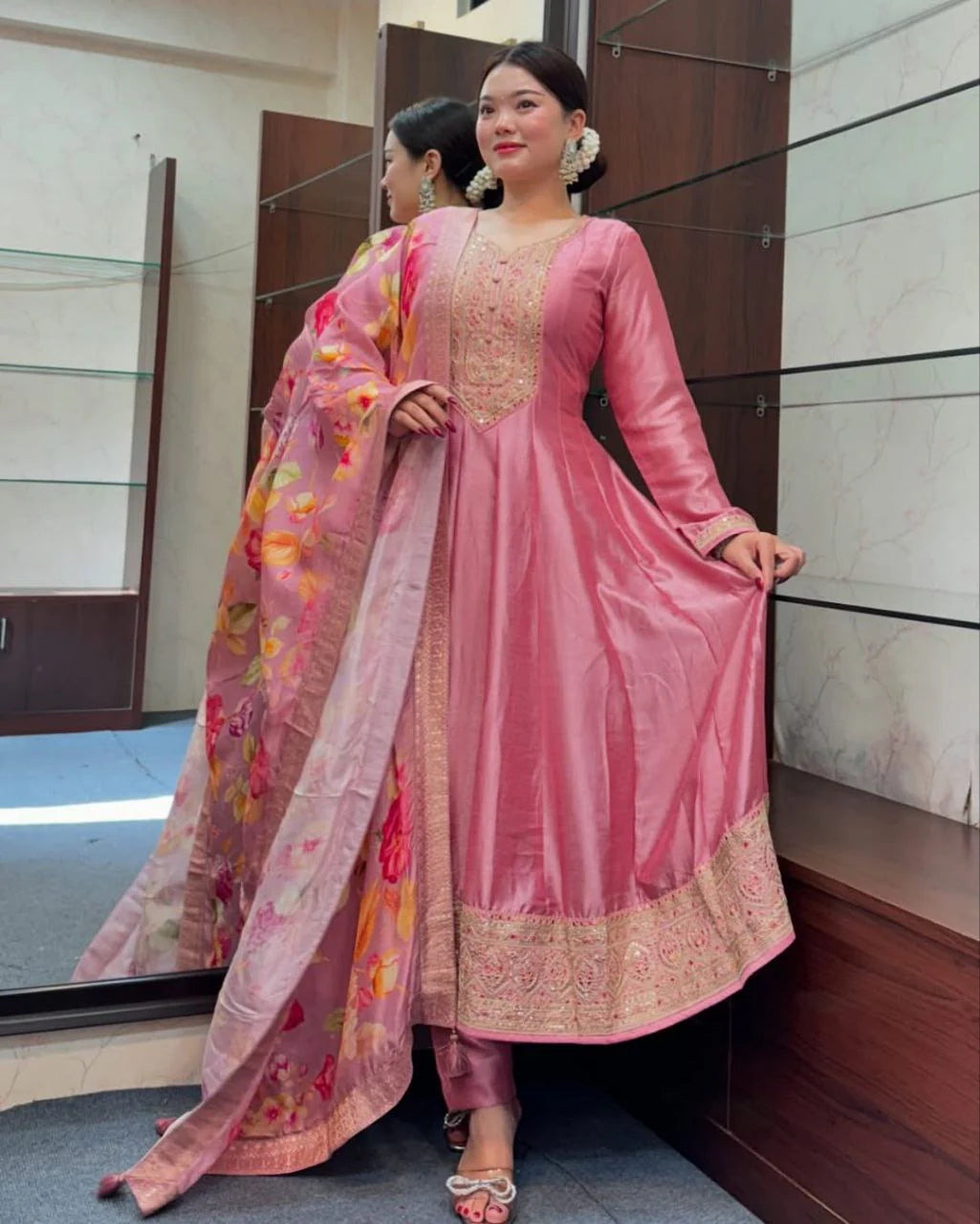 PINK ANARKALI FLARED KURTA SET